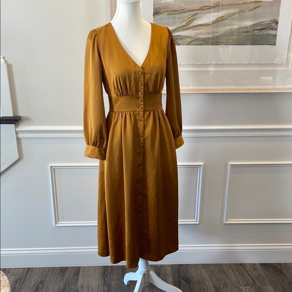 J. Crew Black Label 00 Elegant Button-Down Dress- Caramel Brown Silk Like Feel